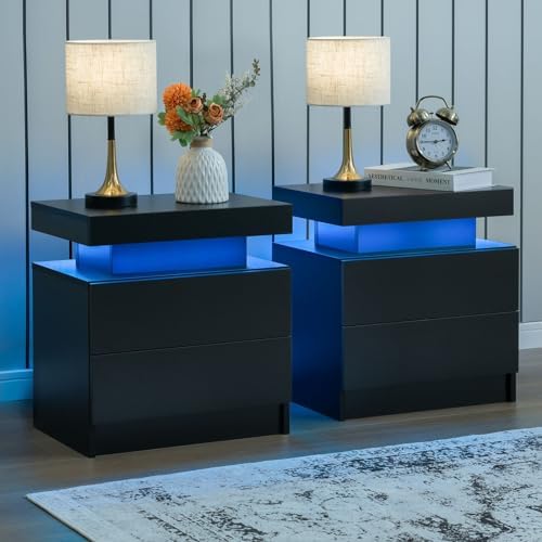 Nightstand Set of 2 LED Nightstand with 2 Drawers, Bedside Table with Drawers for Bedroom, Side Bed Table with LED Light, Black