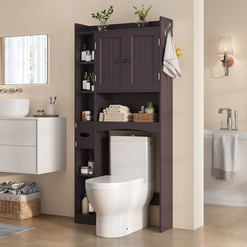Gizoon Over The Toilet Storage Cabinet, Over Toilet Bathroom Organizer with Adjustable Shelves and 2 Doors, Over Toilet Storage Cabinet with Paper Holder, 2 Side Hooks, Space-Saver, Dark Brown