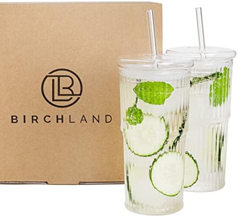 All Glass Iced Coffee Cup with Lid and Straw, Ribbed Glass Tumbler Set of 2 (18 oz)