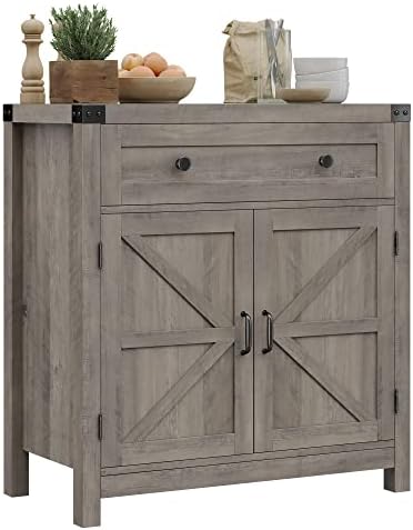 HOSTACK Coffee Bar Cabinet, Kitchen Storage Cabinet, Modern Farmhouse Buffet Sideboard with Drawer and Adjustable Shelf, Barn Door Accent Cabinets for Kitchen, Dining Room, Entryway, Ash Grey