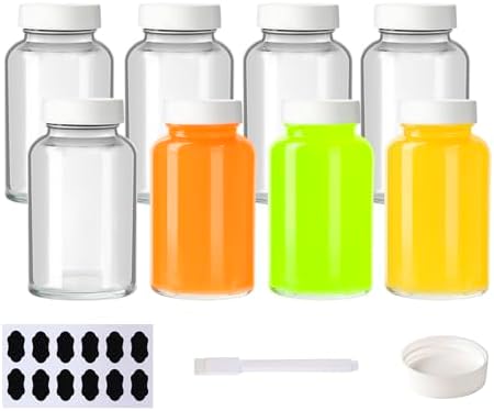 8 Pack 4 oz Glass Juice Bottles with Caps, Reusable Clear 120 ml Empty Wellness Shot Glass Bottle for Juice, Ginger Shots and Homemade Beverages (4oz 8Pack)