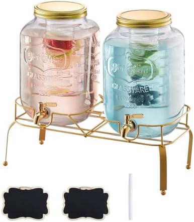 VEVOR Beverage Dispenser, 2 Pack 2 Gallon Drink Dispensers for Parties, Glass Juice Dispenser with Metal Stand, Stainless Steel Spigot, Infuser, Iced Tea Lemonade Juice Water Dispensers for Parties