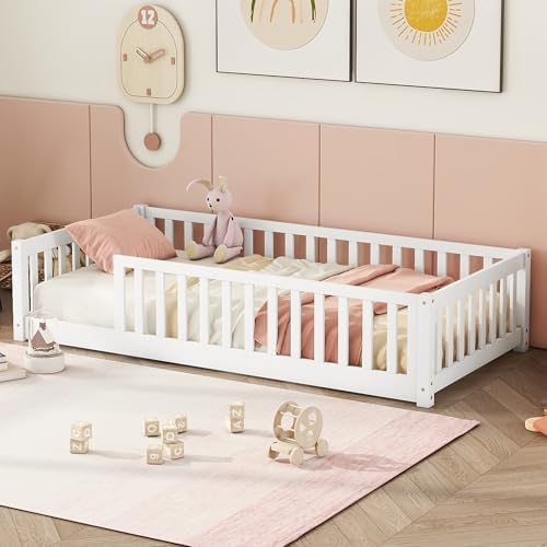 Bellemave Twin Size Kids Montessori Floor Bed,Twin Floor Bed Frame with Slats,Solid Wood Twin Bed Frame for Girls Boys,White