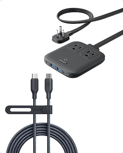 Anker USB C to USB C Cable (240W,10ft), Bio-Braided USB C Charger Cable Fast Charge, Anker Nano Charging Station, 6-in-1 USB C Power Strip 67W Max with Flat Plug and 5 ft Thin Extension Cord, 2 AC, 2