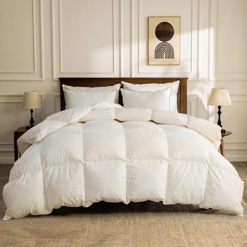 BPC Lightweight Organic Feather Down Comforter King Size, Hotel Luxury Duvet Insert with 100% Cotton Cover and Puffy Feather Down Filling, for Summer/Hot Sleepers, Ivory White, 106x90 Inches