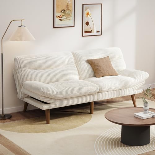 Pipishell Futon Sofa Bed, 73" Convertible Futon Couch, Adjustable Backrest & Armrests, Corduroy Recliner Sleeper Couch for Small Spaces, Living Room, Office, Guest Room (White, 73 Inch)