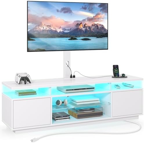 Rolanstar TV Stand with Mount and Power Outlet 51.2", Swivel TV Stand Mount for 32/45/55/60/65/70 inch TVs, Height Adjustable Modern Entertainment Center with Storage & LED Lights, TV Table White