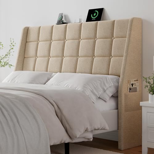 Ergonomic Upholstered Headboard Queen Size w/Charging Station, Linen Wingback Headboards w/Storage Pocket, Queen Headboard Only, Bed Frame Adapters, Sturdy Stable Solid Wood Bed Head Board, Beige