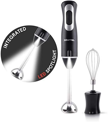 Gourmia GHB2360 12 Speed Illuminating Immersion Hand Blender with Turbo Mode - Comfortable Ergonomic Handle - Whisk Attachment Included - Integrated LED Spotlight - 300 Watt Motor - Black