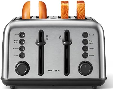 BUYDEEM DT640 4-Slice Toaster, Extra Wide Slots, Retro Stainless Steel with High Lift Lever, Bagel and Muffin Function, Removal Crumb Tray, 7-Shade Settings,Stainless Steel