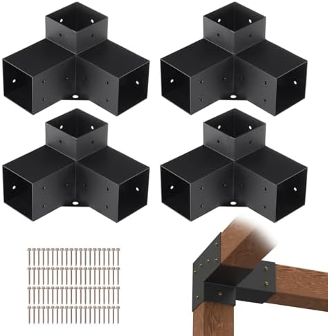 VEVOR Pergola Bracket Kit 4''x4''(Inner Size 3.6x3.6), 4pcs 3-Way Heavy Duty Corner Bracket Woodworks DIY Post Base Kit, Easy Installation Wooden Beams for Gazebos, Patio Pergolas, Log Cabin Outdoor