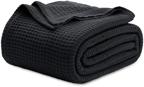 Bedsure 100% Cotton Blanket Queen Size for Bed - Breathable and Soft, Waffle Weave Blanket for Summer Spring, Black, 90x90 Inches