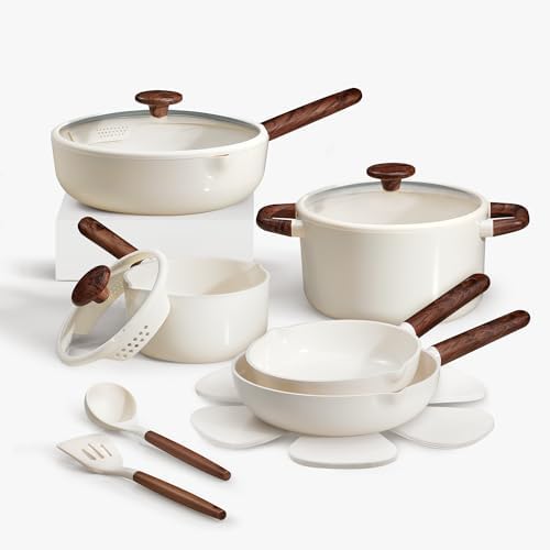CAROTE Ceramic Cookware Sets, Pots and Pans Set Non stick, Non Toxic Healthy Induction Cookware, 14 Pcs Nonstick Kitchen Pots and Pans Set, PFAS PTFE Free