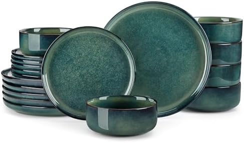 vancasso Starry 18 Pieces Dinnerware Sets for 6, Green Reactive Glaze Dishes Sets, Ceramic Plates and Bowls Set, Dinner Salad Dessert Plates, and Cereal Bowls Set, Dishwasher and Microwave Safe