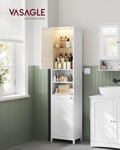 VASAGLE Tall Storage Cabinet with Lights, Slim Freestanding Cabinet with Adjustable Shelves, for Small Spaces, Bathroom, Living Room, Modern, 15.7 Inches Wide, Cloud White UBBC766W02