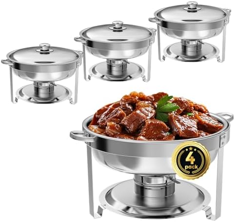 Chafing Dish Buffet Set 4 Pack, 5QT Round Stainless Steel Chafer for Catering, Upgraded Chafers and Buffet Warmer Sets with Food & Water Pan, Lid, Frame, Fuel Holder for Event Party Holiday