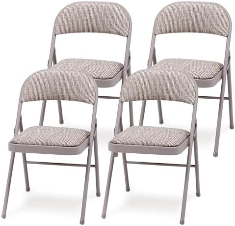 MECO 4-Pack Steel Frame Folding Dining & Event Chairs, Chicory Lace Motif Upholstery, Beige - Foldable Seating with Cushioned Seat and Padded Back for Kitchen, Parties or Game Tables