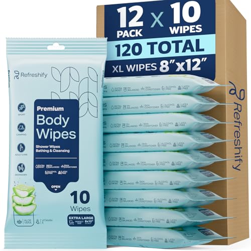 120 XL Shower Wipes – Body Wipes for Adults Bathing No Rinse – 12 Packs of 10 – Extra Moist Bath with Aloe & Vitamin E for Camping, Travel, Gym & Bedridden Care
