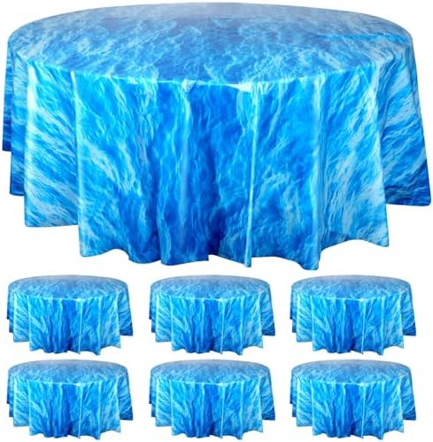 6 Pcs Round Ocean Waves Tablecloths Disposable Plastic Ocean Blue Table Cloth Round Table Covers for Under The Sea Beach Surf Ocean Pool Party Birthday Party Decorations, 84 Inch