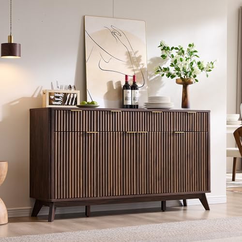 T4TREAM Fluted Buffet Sideboard Cabinet with Storages, 60" Large Modern Buffet Table Coffee Bar Wine Bar Storage Cabinet with 3 Drawers & 4 Doors for Dining Room, Living Room, Hallway(Dark Walnut)