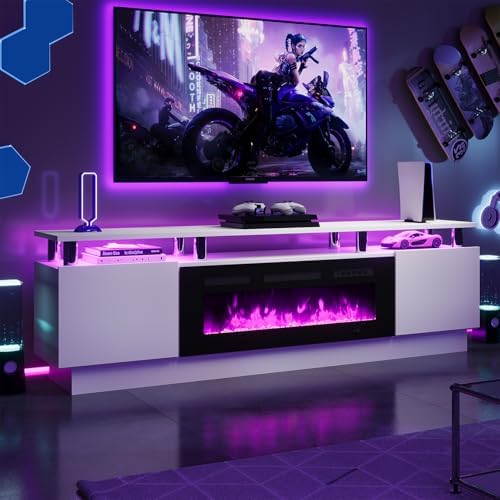 oneinmil Fireplace TV Stand with 36" Electric Fireplace,LED Light Entertainment Center,2 Tier TV Console Stand for TVs Up to 80",Fireplace for The Living Room TV Stand,White