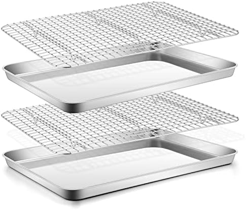 Stainless Steel Baking Sheet with Rack Set, E-far 16”x12” Cookie Sheet Pan for Oven, Rimmed Metal Tray with Wire Cooling Rack for Cooking Roasting Resting Bacon Meat Steak - Dishwasher Safe