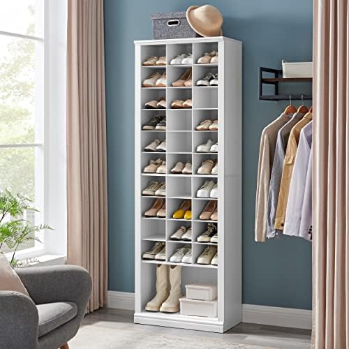 11 Tiers Shoe Storage Cabinet, Tall Shoes Cabinet with Cubby, Freestanding White Wooden Shoe Organizer, 30-33 Pairs, Shoes Cubby Organizer for Entryway, Bedroom, White 02001BSR