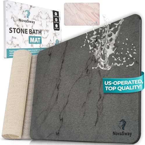 Novasway Diatomite Stone Bath Mat for Bathroom – Quick Dry, Non-Slip, Water Absorbent Shower Mat – Durable Hard Stone Mat for Bathroom Decor in Dark Grey.