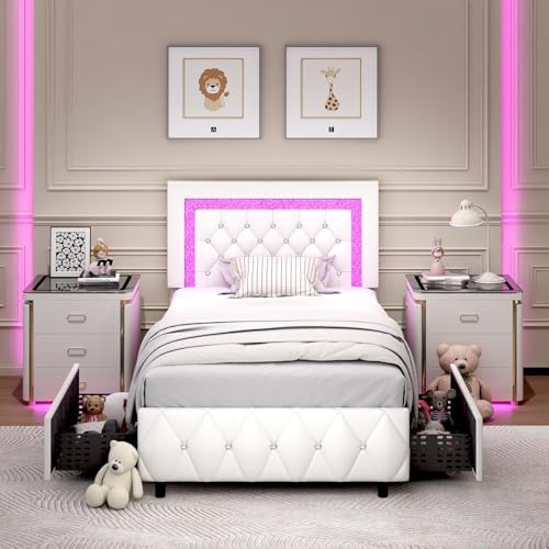 BarnFurin Twin Bed Frames with Storage Drawers and LED Lights, Upholstered Bed with Crystal Tufted Headboard, Princess Platform Bed with Wooden Slats Support, No Box Spring Needed, White