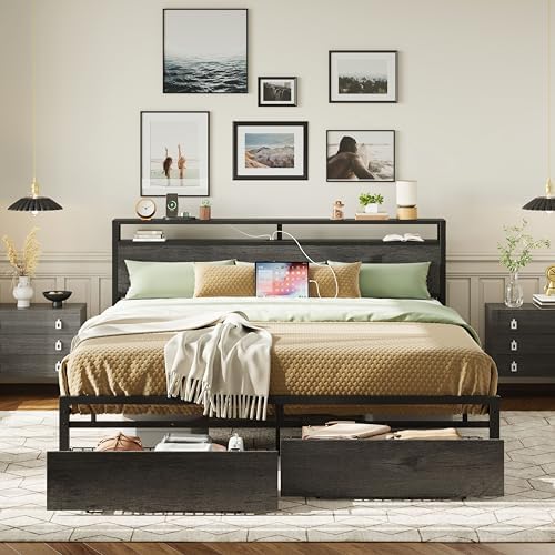 LIKIMIO California King Bed Frame with Storage Headboard, Platform Bed with Drawers and Charging Station, No Box Spring Needed, Easy Assembly, Charcoal Grey
