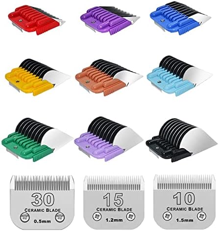 Professional Animal Stainless Steel Attachment 9 Color Guide Comb Set with Size #10/15/30 Detachable Dog Grooming Blade,Compatible with Andis, Oster A5, Wahl KM10 Series Clipper