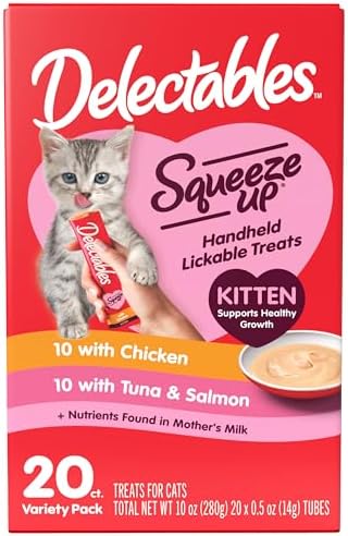 Delectables Squeeze Up Kitten Variety Pack, Creamy Squeezable Puree, Lickable Wet Cat Treats, Grain Free, No Added Fillers, No by-Products, No Added Preservatives, 0.5 Ounces Tube, 20 Tubes Total