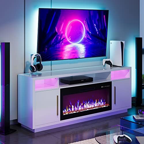 BELLEZE 70" Fireplace TV Stand for TVs Up to 80", LED Light Entertainment Center with 36" Electric Fireplace Heater, Storage Cabinet, Media Console Table for Living Room - Avenue (White)