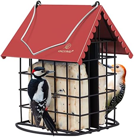 Kingsyard Double Suet Bird Feeder with Weatherproof Roof & Perch, All Metal, Suet Cakes Cage Bird Feeder for Outdoors Hanging, Easy to Clean & Refill, Red