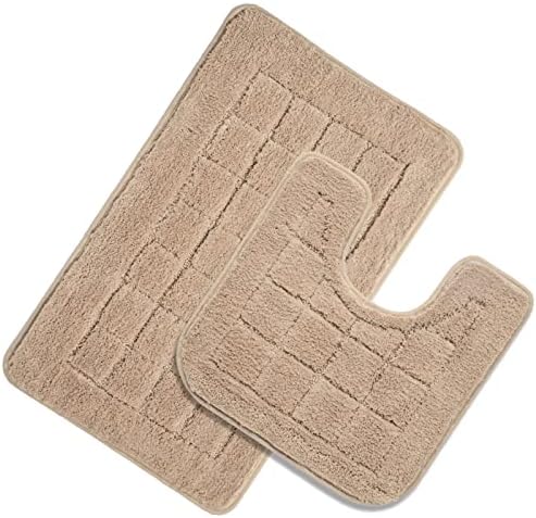 HEBE Bath Rug Set 2 Piece Beige Non Slip Bathroom Contour Rug Combo Microfiber Bath Shower Mat and U-Shaped Toilet Rug Machine Washable(21"x34"+20"x20")