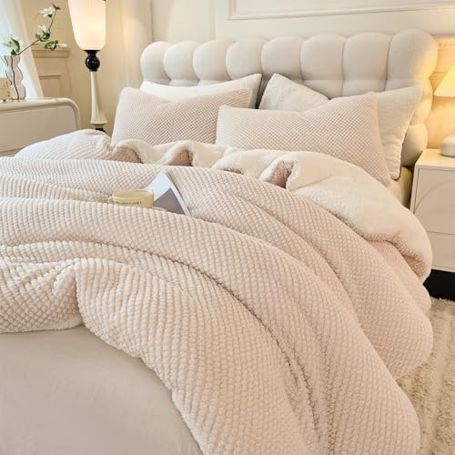3D Jacquard Design Comforter Set, Ultra-Soft Warm King Size Sherpa Fur Plush 3-Pieces Sets Luxury Cozy Bedding with 2 Pillowcases (104"x90", Cream White)