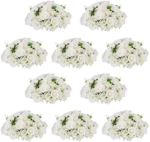 NUPTIO Flower Ball Arrangement Bouquet - 10 Pcs 15.7 inch Diameter White Fake Flowers Roses Balls for Centerpieces Tables - Artificial Rose Arrangements for Wedding Centerpiece Table Decorations