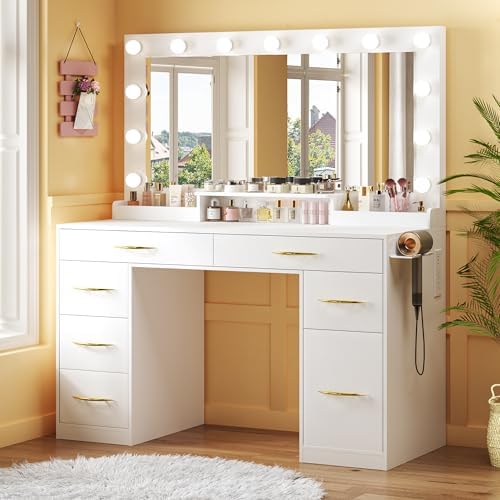 Vanity Desk with Mirror and Lights, Makeup Vanity with Outlets & Large Mirror & 6 Drawers,White Vanity with 3-Color Adjustable Lighting, Makeup Vanity for Bedroom