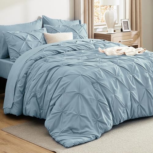 Bedsure Queen Comforter Set Light Blue - Bed in a Bag Queen Size 7 Pieces, GentleSoftβ’ Pintuck Bed Set Gift for Family, Pinch Pleat Light Blue Comforter with Sheets, Pillowcases & Shams