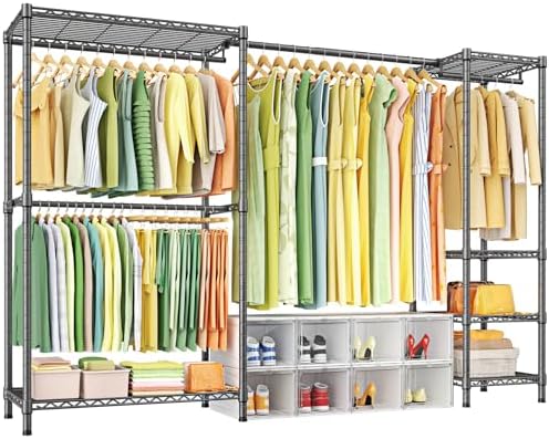 Ulif E10 Clothes Rack(With Stretchable Hanger Rod)Freestanding Clothing Racks for Hanging Clothes,Adjustable Closet Organizer System,Portable Garment Rack 73-97" W x 15" D x 72" H,Max Load 800LBS,Grey