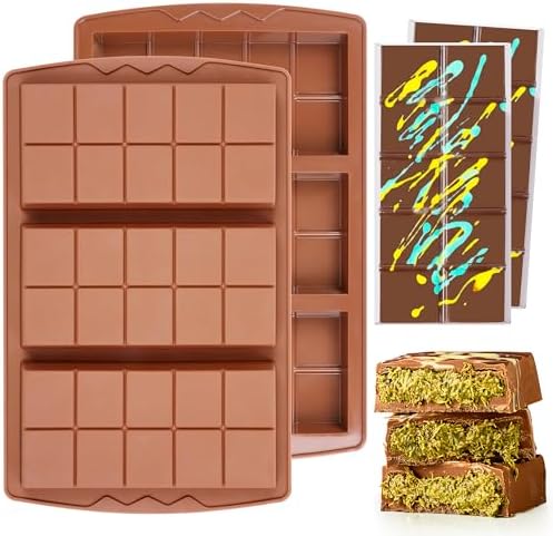 2 Pcs Dubai Chocolate Bar Mold Deep Stuffed Silicone Molds for Filling Knafeh Pistachio Chocolate Bar Large Thick Candy Bar Molds Break Apart (10 Snap)