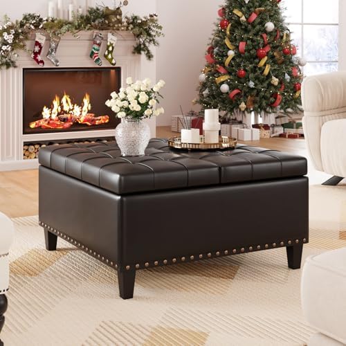 Square Leather Ottoman with Storage, Faux Leather Coffee Table Ottoman with Lift Top, Large Upholstered Footrest Stool Toy Box Storage for Bedroom Living Room, Black