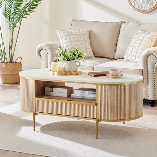 OKD Modern Luxury Fluted Coffee Table, 48" Oval Coffee Table with Drawer, Faux Marble Top, Curved Profile Design, Gold Metal Decor, Center Table for Living Room Natural Oak
