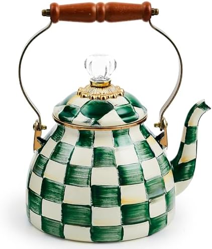 MACKENZIE-CHILDS Enamel Tea Kettle, Stylish Tea Kettle for Stovetop, Green-and-White Emerald Check, 2 Quarts