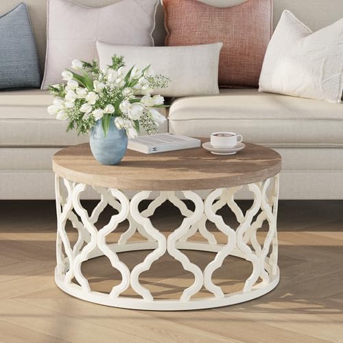 karlott Farmhouse Coffee Table, French Country Round Coffee Table, Coastal Coffee Table with Distressed Wood Top, Boho Coffee Table with Curved Motif Frame Base for Living Room, Dining Room, Bedroom