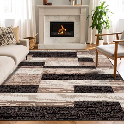 Superior Indoor Area Rug, Jute Backed, Modern Geometric Patchwork Floor Decor for Bedroom, Office, Living Room, Entryway, Hardwood Floors, Rockwood Collection, 8' x 10', Chocolate