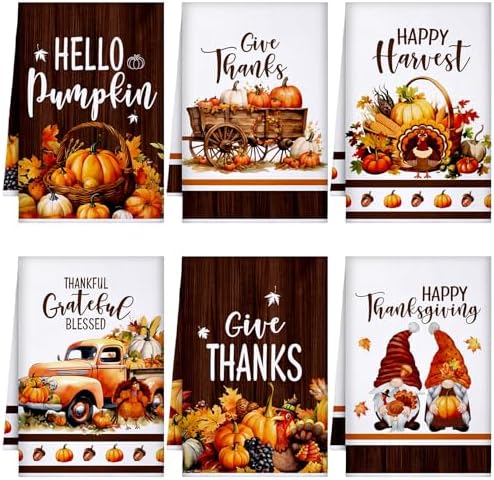 Geyoga Set of 6 Fall Kitchen Towels Pumpkin Autumn Dish Hand Tea Towels for Thanksgiving Kitchen Decorative Absorbent Fast Drying Cloth for Bathroom Cooking 16" x 24"(Brown,Vintage)