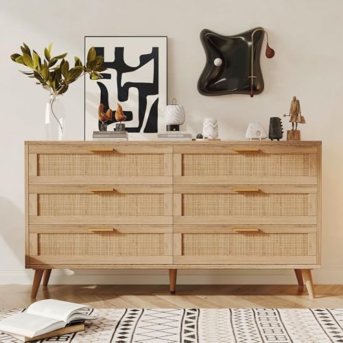 Rovaurx 6 Drawer Double Dresser for Bedroom, Rattan Chest of Dressers, Modern Wooden Dresser Chest with Golden Handles, Beside Table for Closet, Living Room and Entryway, Natural