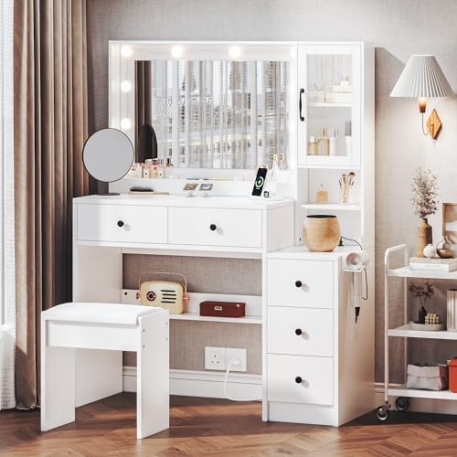 White Vanity Table with Drawer Dresser, Farmhouse Vanity Makeup Desk with Charging Station, Vanity Desk with Lights Mirror & Drawers for Makeup, Vanity Desk with Storage Shelf & 5 Drawers
