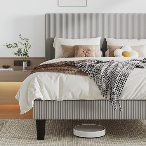 Allewie Queen Size Upholstered Bed Frame with Vertical Channel Tufted Headboard, Soft Corduroy Fabric Platform Bed, Strong Wooden Slats Support, Easy Assembly, No Box Spring Needed, Light Grey